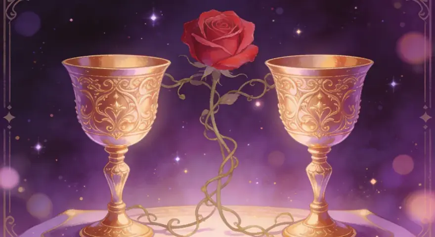 Dwa złote kielichy, połączone pnączem z czerwoną różą, symbolizują pełnię uczuć i harmonię. To obraz 10 pucharów tarot.