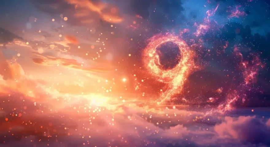 Jasny, świetlisty numer 9 w chmurach, symbolizujący 9 rok numerologiczny.