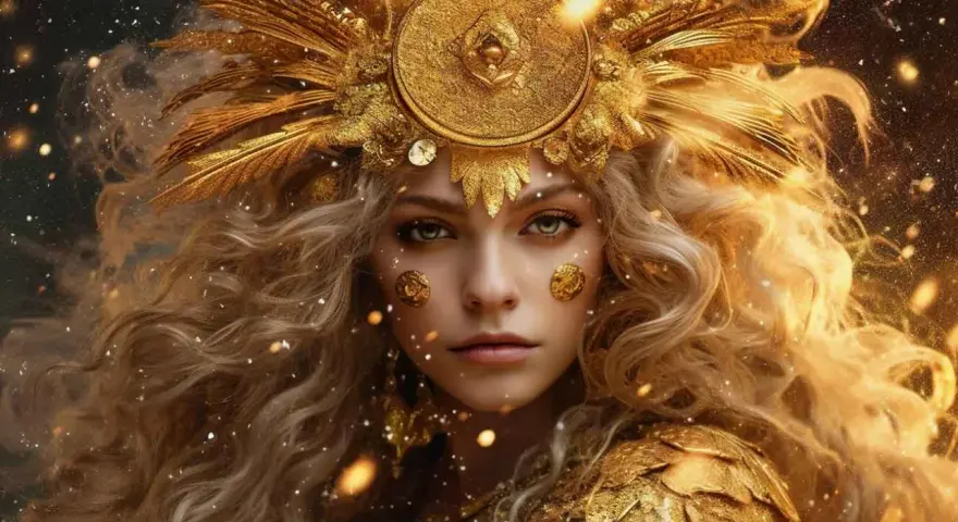 Złota bogini, symbol 22.08 znaku zodiaku, emanuje blaskiem i tajemnicą, otoczona gwiezdnym pyłem.