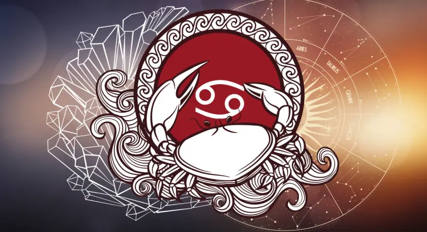 Symbol Raka, 22.07 znak zodiaku, otoczony kryształami i kołem zodiaku.