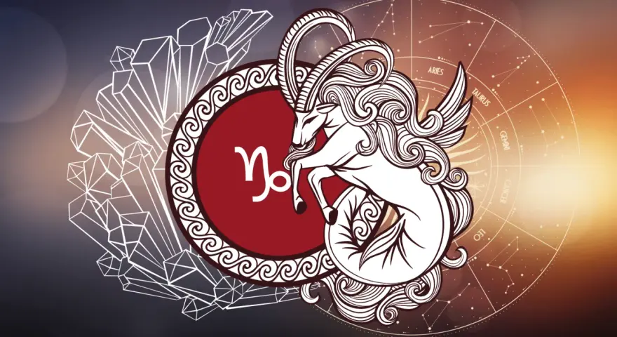 Symbol Koziorożca, 21.01 znak zodiaku, z mitycznym stworzeniem i kryształami.