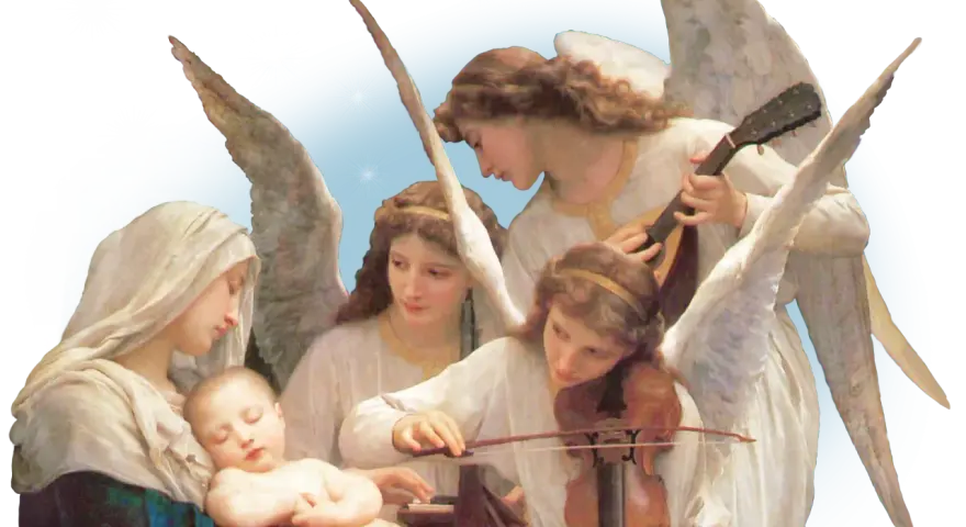 Anioły grające na instrumentach przy śpiącym Dzieciątku i Matce Bożej. Modlitwa do Archanioła Gabriela.