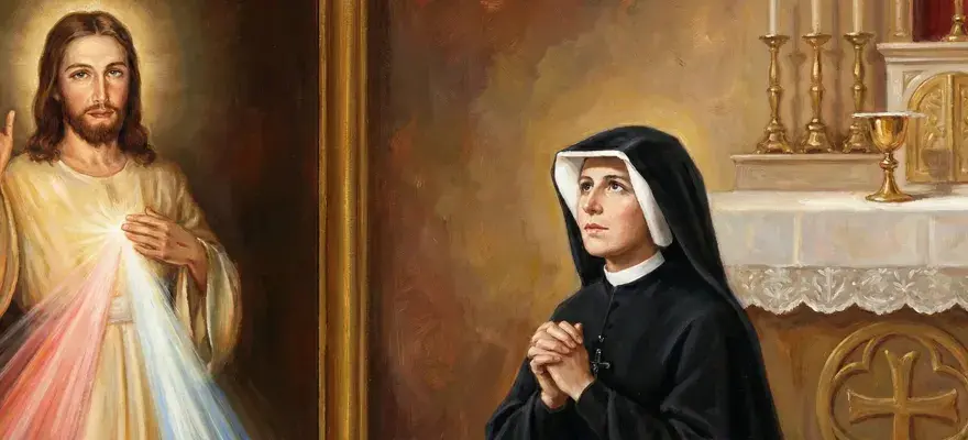 Obraz przedstawia Jezusa Miłosiernego i siostrę Faustynę w modlitwie. Obok ołtarza, gdzie znajdują się kielich i szaty liturgiczne, siostra Faustyna klęczy z rękami złożonymi do modlitwy.