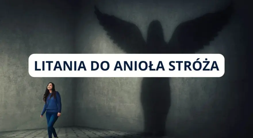 Kobieta patrzy w górę na cień anioła stróża, gdy na ekranie pojawia się napis "Litania do anioła stróża".