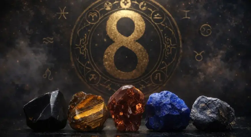 Pięć kamieni szlachetnych przed złotym znakiem nieskończoności i zodiaku. Numerologia 1 i 8.