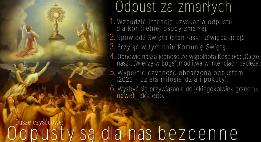 Obraz przedstawia scenę z aniołami i duszami w ogniu, z monstrancją w chmurach. Tekst informuje o 9-dniowej nowennie za dusze w czyśćcu cierpiące.