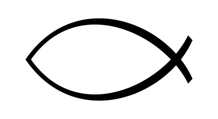 Symbol znaku zodiaku Ryby: dwie zakrzywione linie tworzące kształt ryby, połączone na środku ukośną kreską.