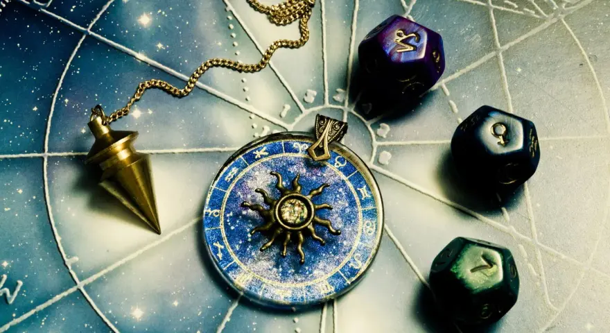 Wahadło i kostki z symbolami planet na tle wykresu astrologicznego. Znaki zodiaku i żywioły w magicznym układzie.