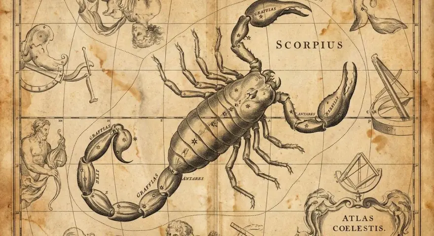 Starożytna mapa nieba. Skorpion, symbol siły, i Wodnik, symbol mądrości, tworzą niezwykłą przyjaźń na tle konstelacji.