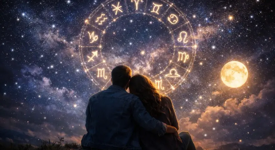 Para zakochanych patrzy na koło zodiaku, gdzie widnieją symbole Raka i Skorpiona. Księżyc i gwiazdy tworzą magiczną atmosferę.