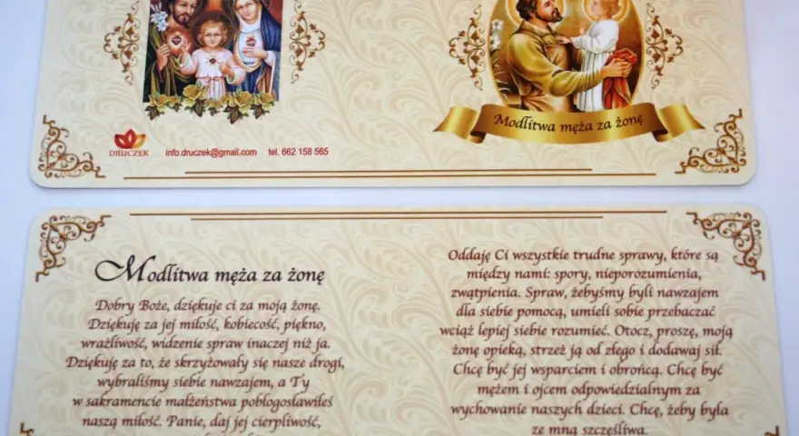 Modlitwa męża za żonę. Obrazek przedstawia Świętą Rodzinę i modlitwę o błogosławieństwo dla małżeństwa.