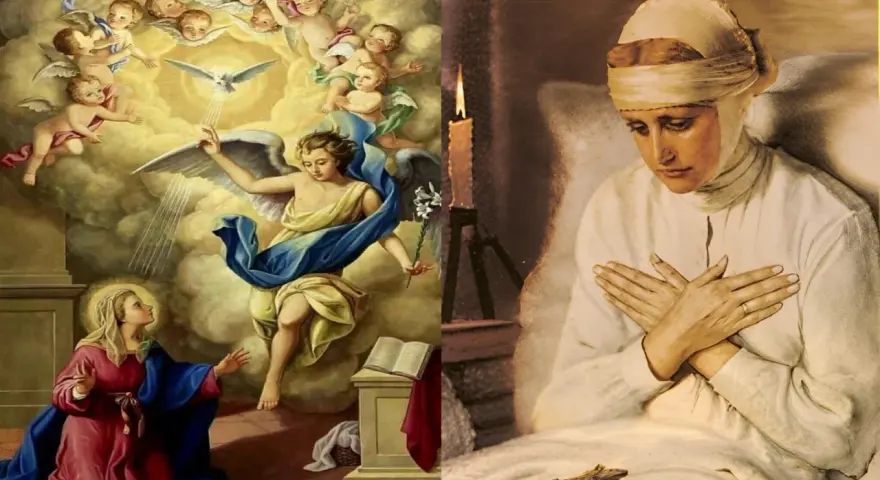 Zwiastowanie Najświętszej Maryi Pannie: Archanioł Gabriel z lilią i gołębicą Ducha Świętego nad klęczącą Maryją. Obok, kobieta w bieli z rękami na piersi, przy świecy.