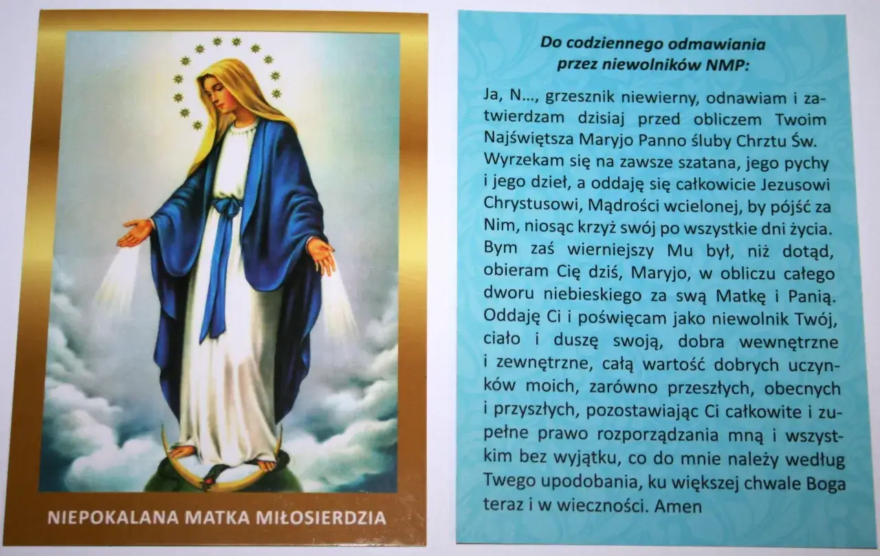 Obraz przedstawia Matkę Bożą Niepokalaną z gwiazdami nad głową. Obok znajduje się tekst modlitwy 
