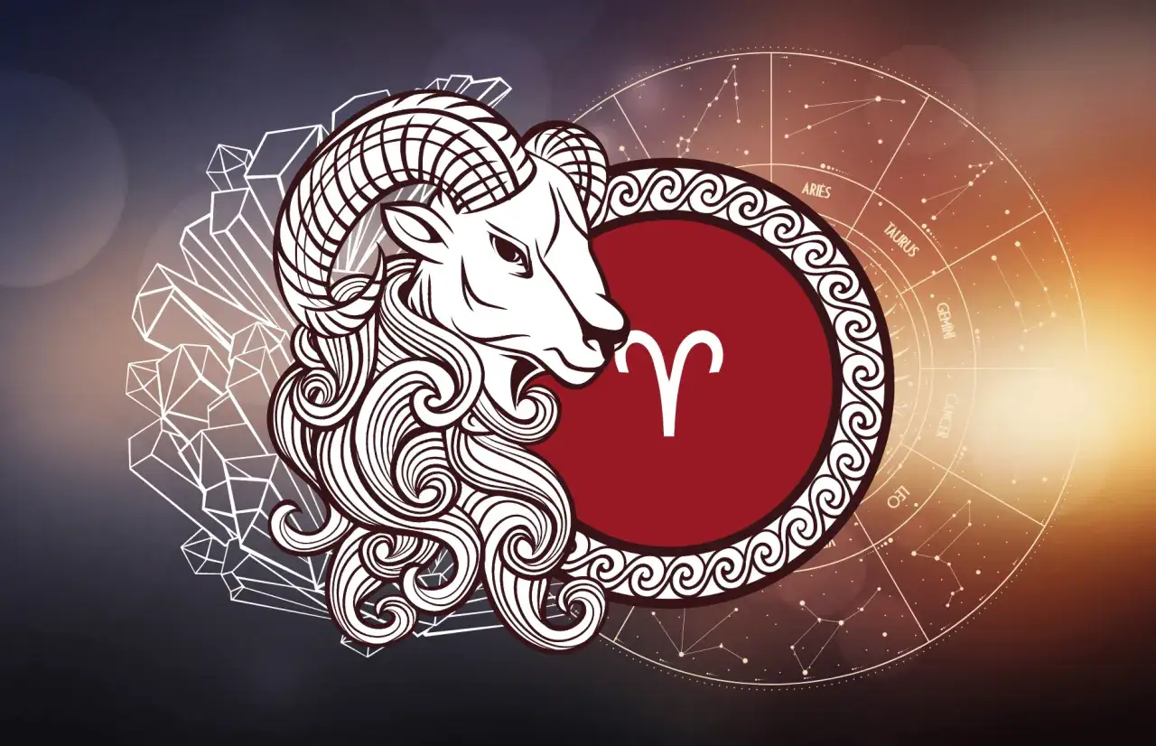 Baran jaki żywioł – symbol ognia i odwagi, zodiakalny baran w otoczeniu kryształów i gwiazd.