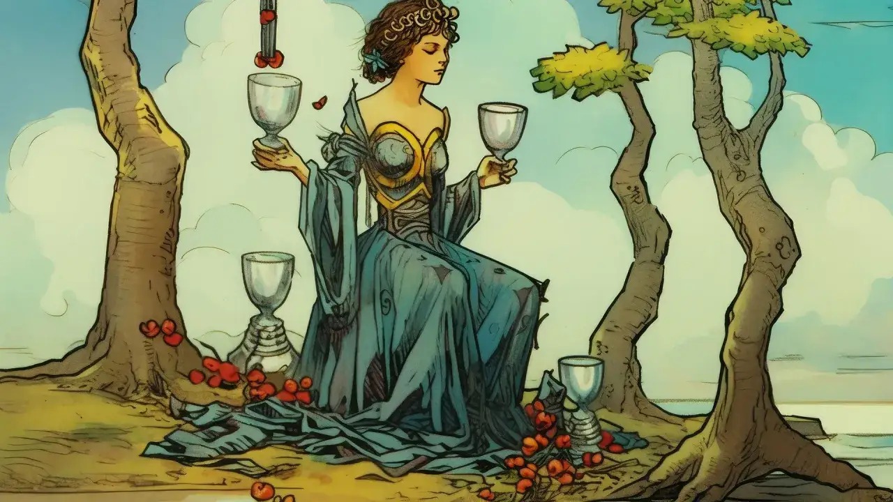 Kobieta w niebieskiej szacie siedzi wśród drzew, trzymając dwa kielichy. Wokół niej stoją kolejne 4 kielichy tarot, a na ziemi leżą czerwone owoce.