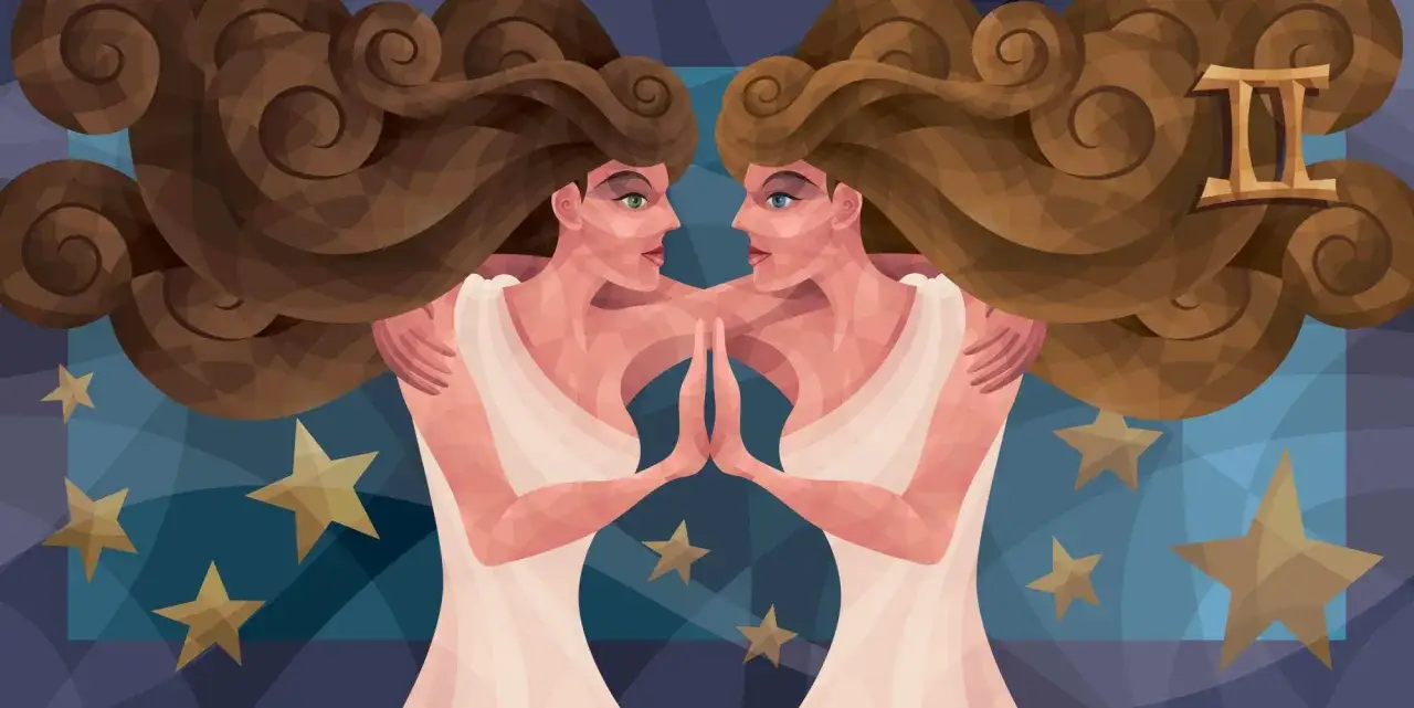Dwie kobiety o brązowych włosach, symbolizujące bliźnięta w związku, patrzą na siebie. W tle gwiazdy i znak zodiaku Bliźniąt.
