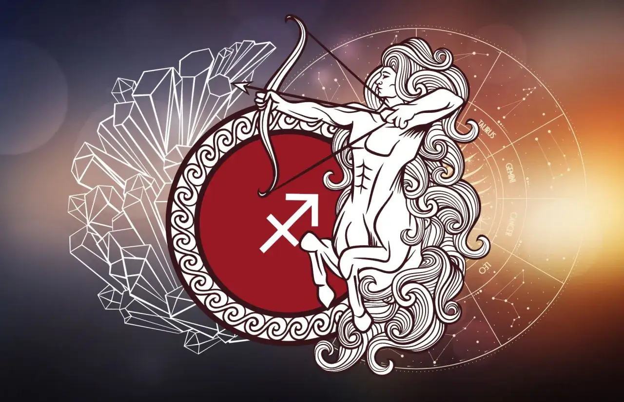 Zakochany mężczyzna strzelec, centaur z łukiem i strzałą, symbol zodiaku.