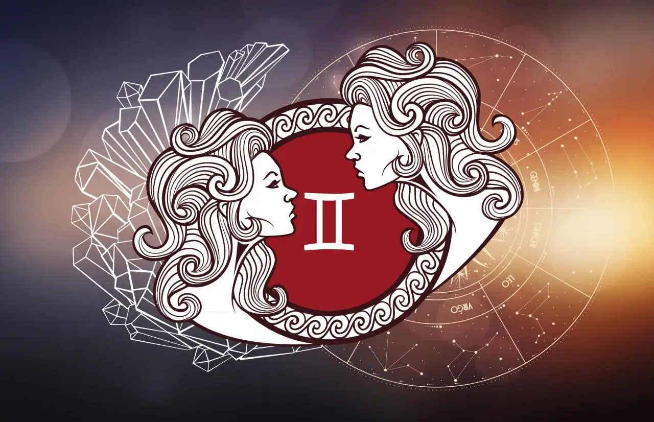 Dwie stylizowane głowy bliźniąt patrzą na siebie, symbolizując bliźnięta i ich związek. W tle koło zodiaku i kryształy.