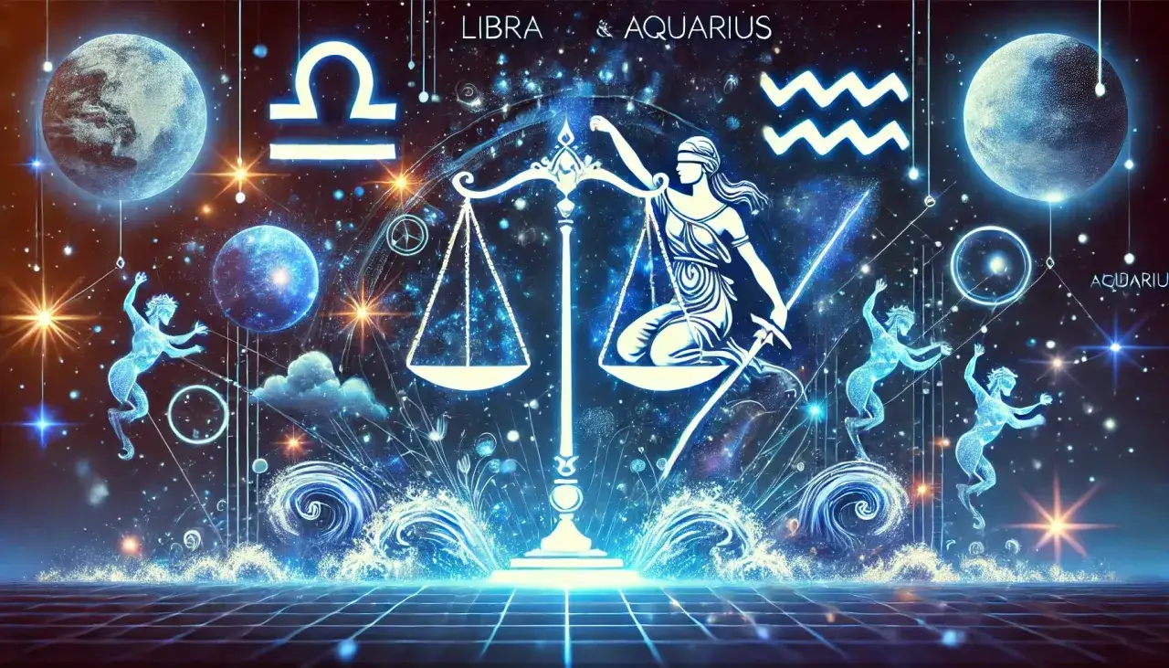 Waga i Wodnik, symbole zodiaku, tańczą wśród gwiazd. Waga symbolizuje równowagę, a Wodnik przyjaźń i innowację.