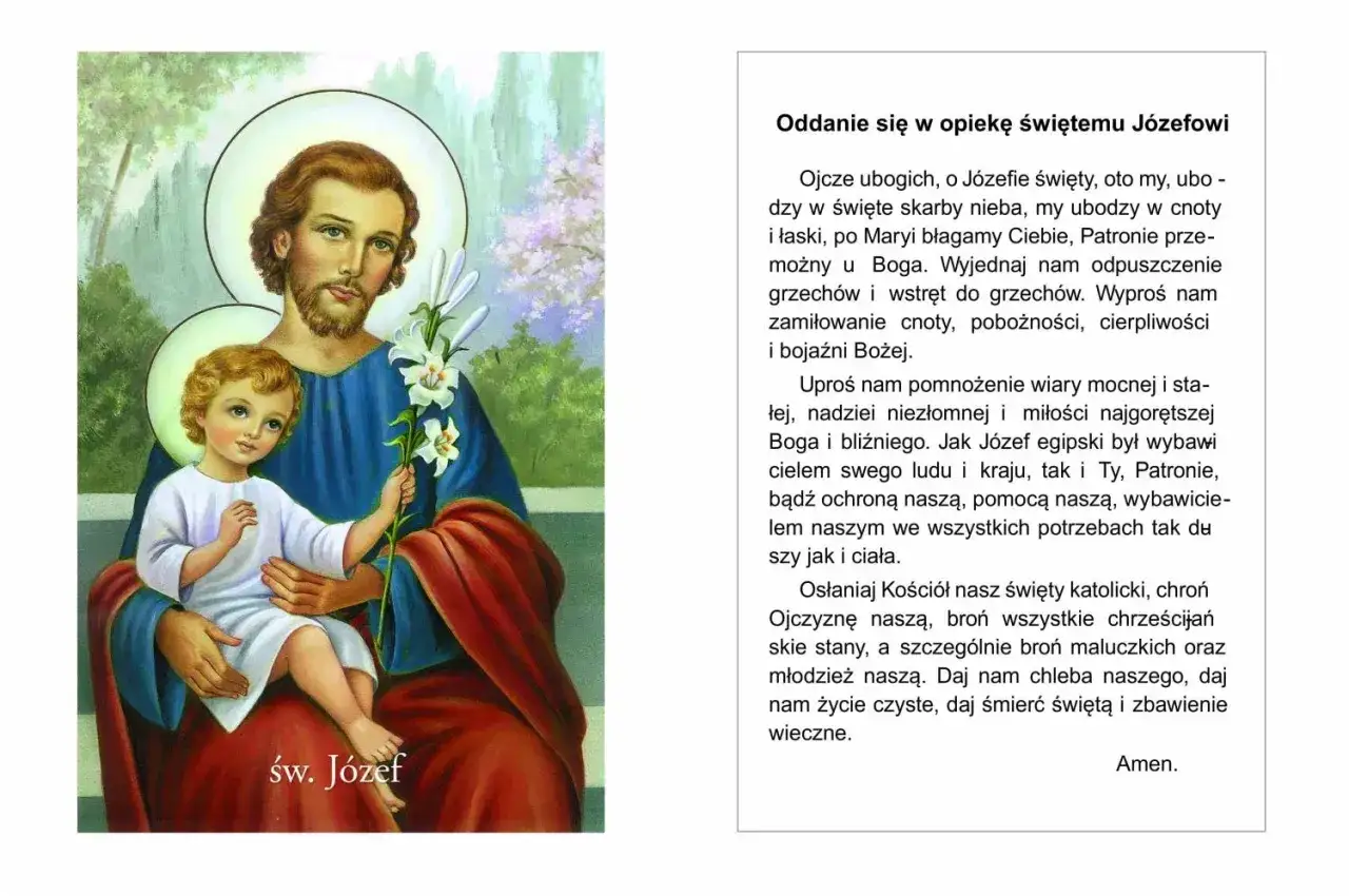 Św. Józef z Dzieciątkiem Jezus, trzymający lilię. Modlitwa o utrzymanie pracy i opiekę.