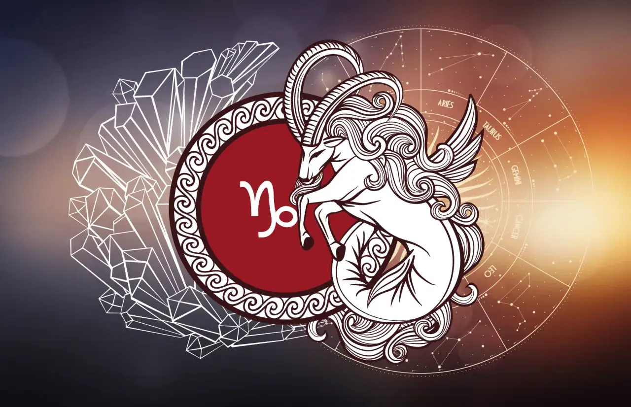 Symbol Koziorożca, 21.01 znak zodiaku, z mitycznym stworzeniem i kryształami.