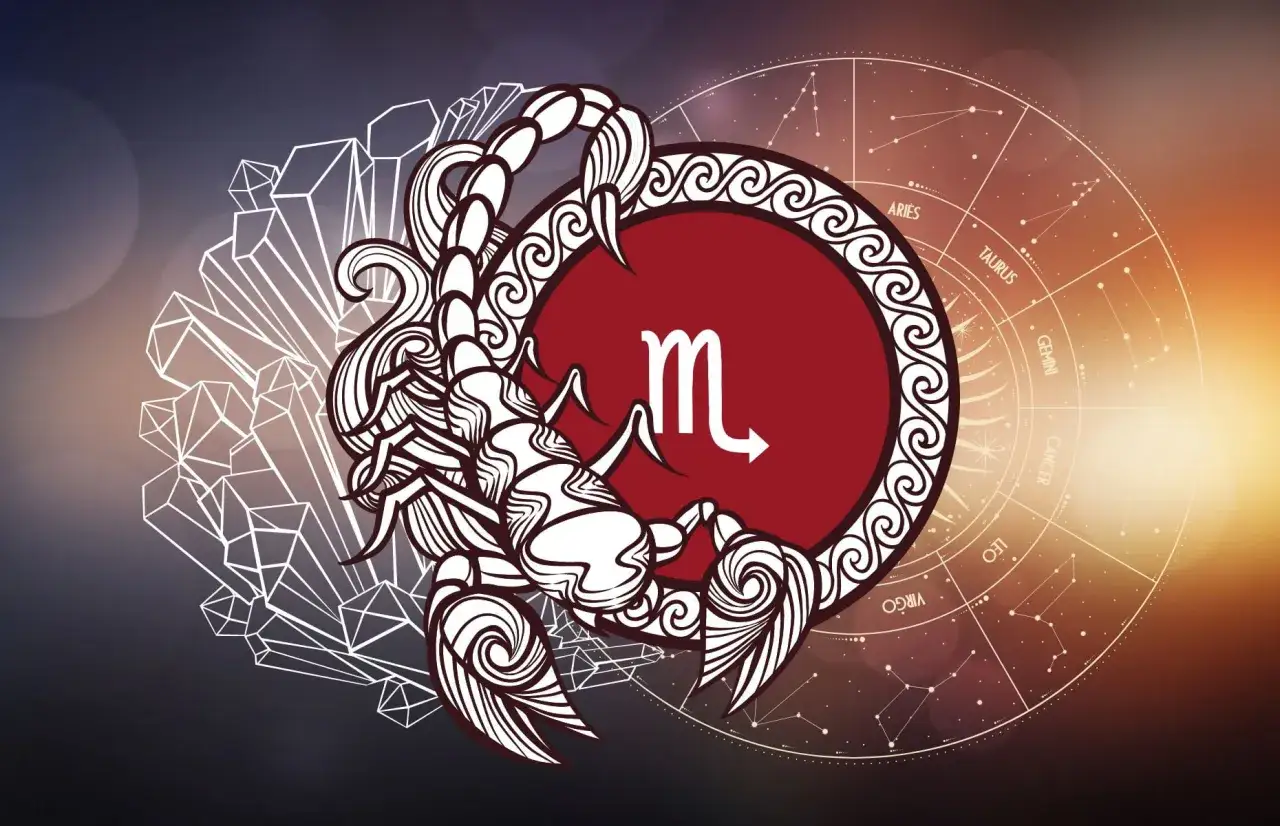 Skorpion w związku, symbol zodiaku, otoczony kryształami i kołem astrologicznym.