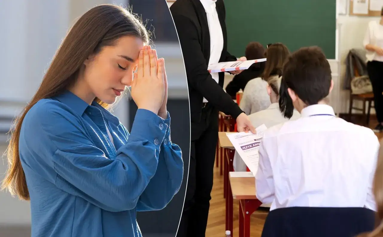 Dziewczyna z dłońmi złożonymi do modlitwy, w tle uczniowie przystępujący do egzaminu. Modlitwa za maturzystów.