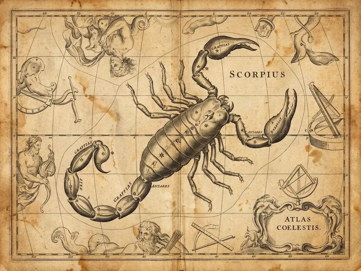 Starożytna mapa nieba z konstelacją Skorpiona. Skorpion, jako żywioł wody, króluje na niebie, otoczony mitologicznymi postaciami i instrumentami astronomicznymi.