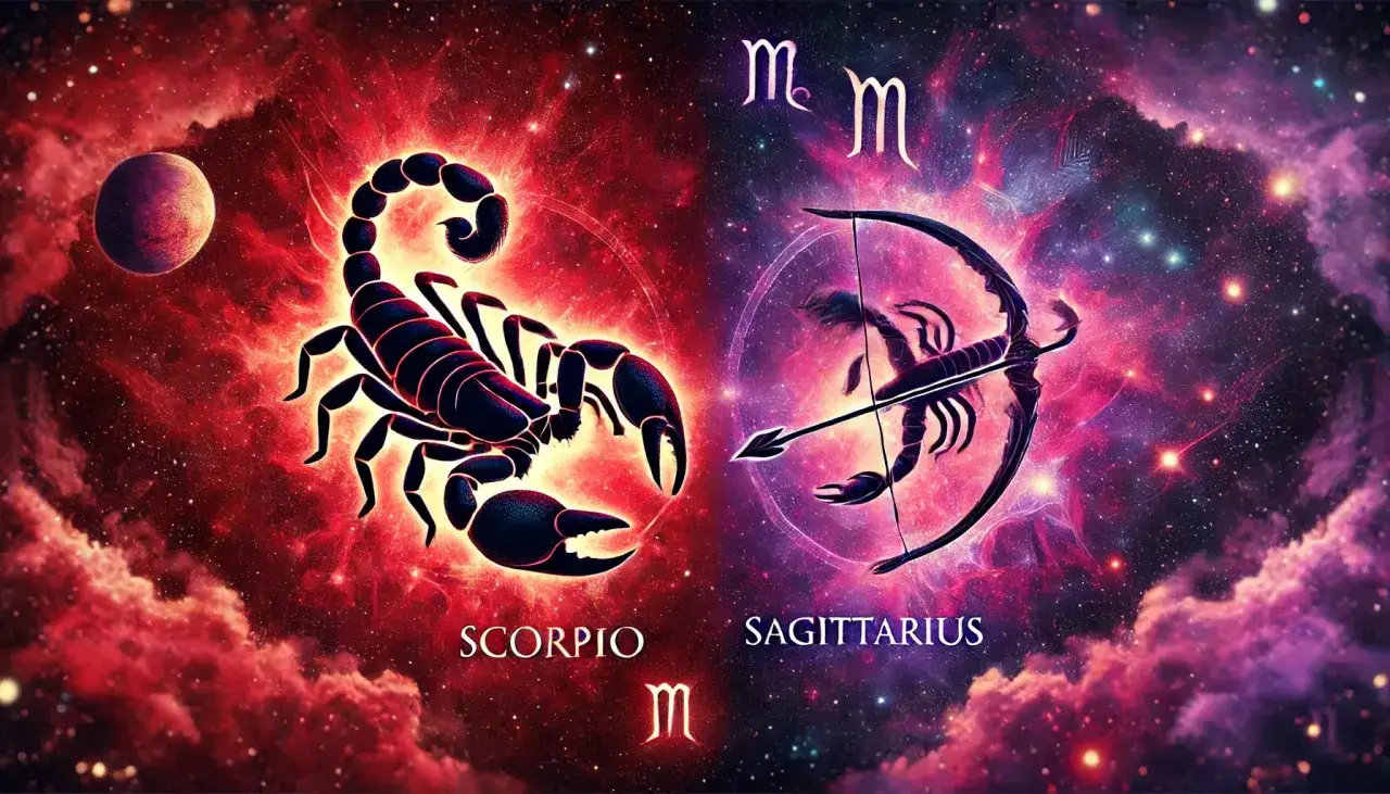 Po skorpionie w zodiaku, widzimy jego mroczną wersję na tle kosmosu, a obok niego łucznik z tym samym symbolem.