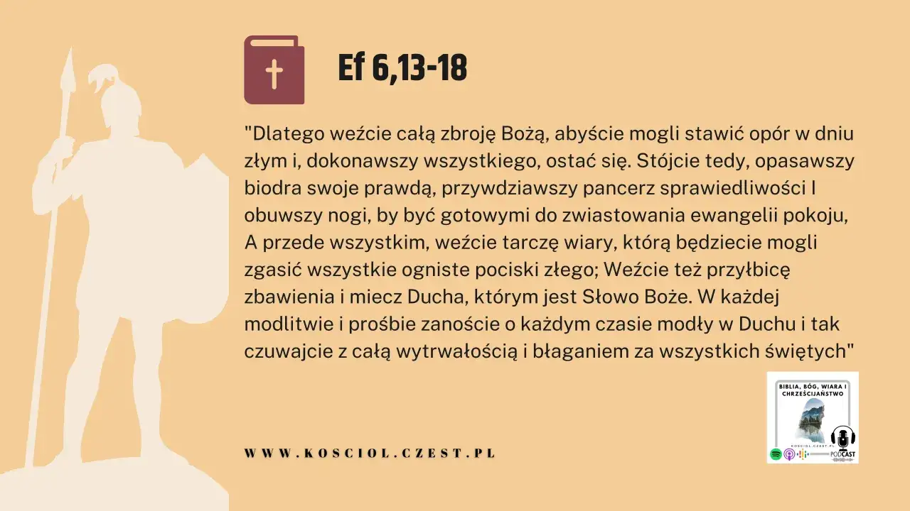 Sylwetka rycerza w zbroi, cytat z Biblii o zbroi Bożej, by agere contra złu.