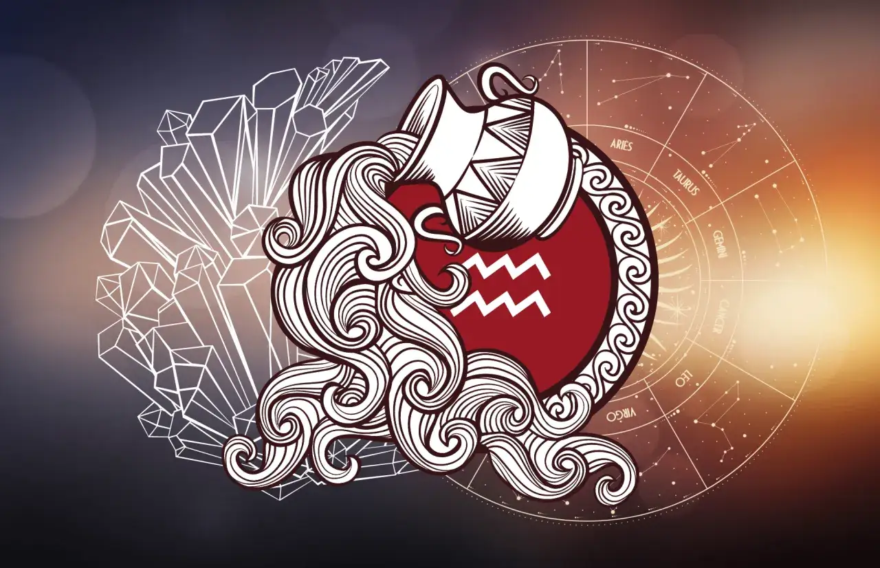 Symbol Wodnika, od 20 stycznia do 18 lutego, w otoczeniu kryształów i koła zodiaku.