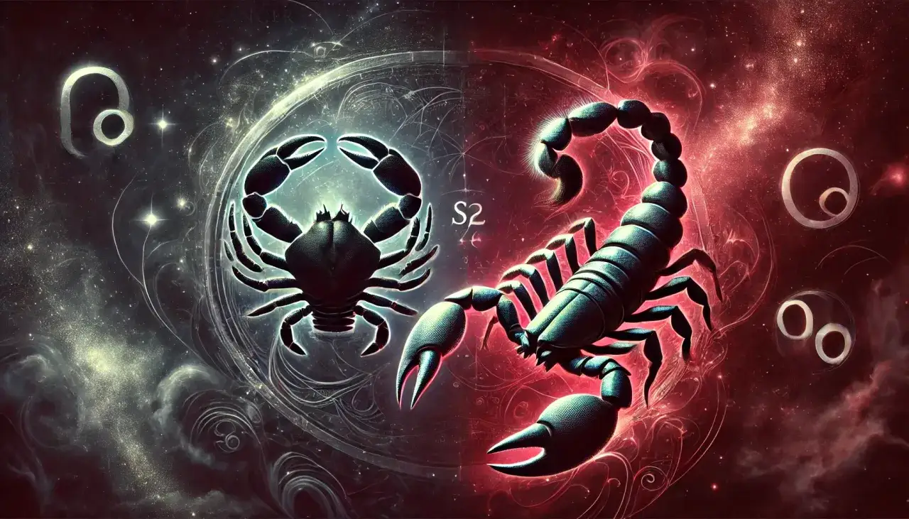 Skorpion i rak, symbole zodiaku, tworzą mistyczne małżeństwo na tle kosmicznej mgławicy.