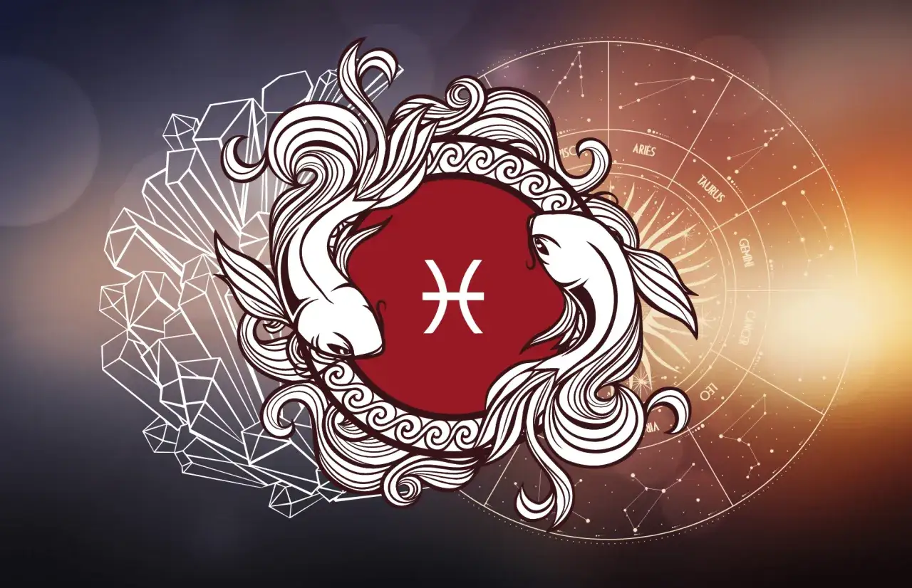Dwa ryby w ozdobnej ramce, symbol Ryb, idealny partner dla ryby. W tle koło zodiaku i kryształy.