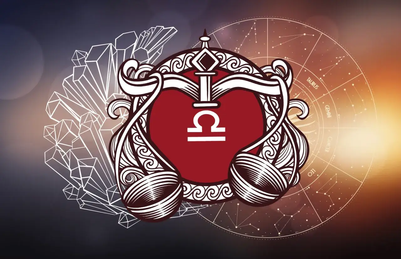 Symbol wagi, znak zodiaku Panna, otoczony kryształami i konstelacjami.