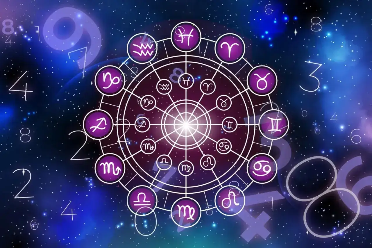 Okrąg zodiaku z symbolami, gdzie znak zodiaku przed Koziorożcem to Strzelec. Tło kosmiczne z liczbami.