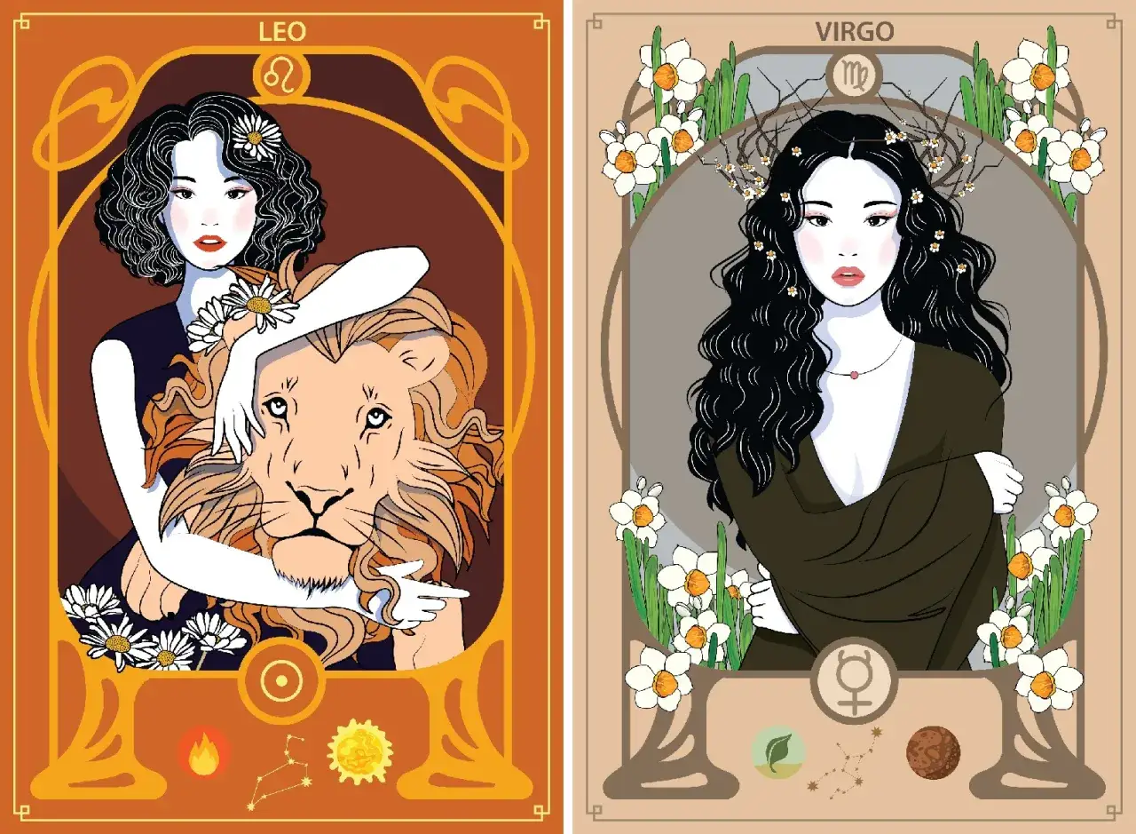 Kobieta z lwem, symbolizująca znak zodiaku Lew, obok Panny otoczonej narcyzami.