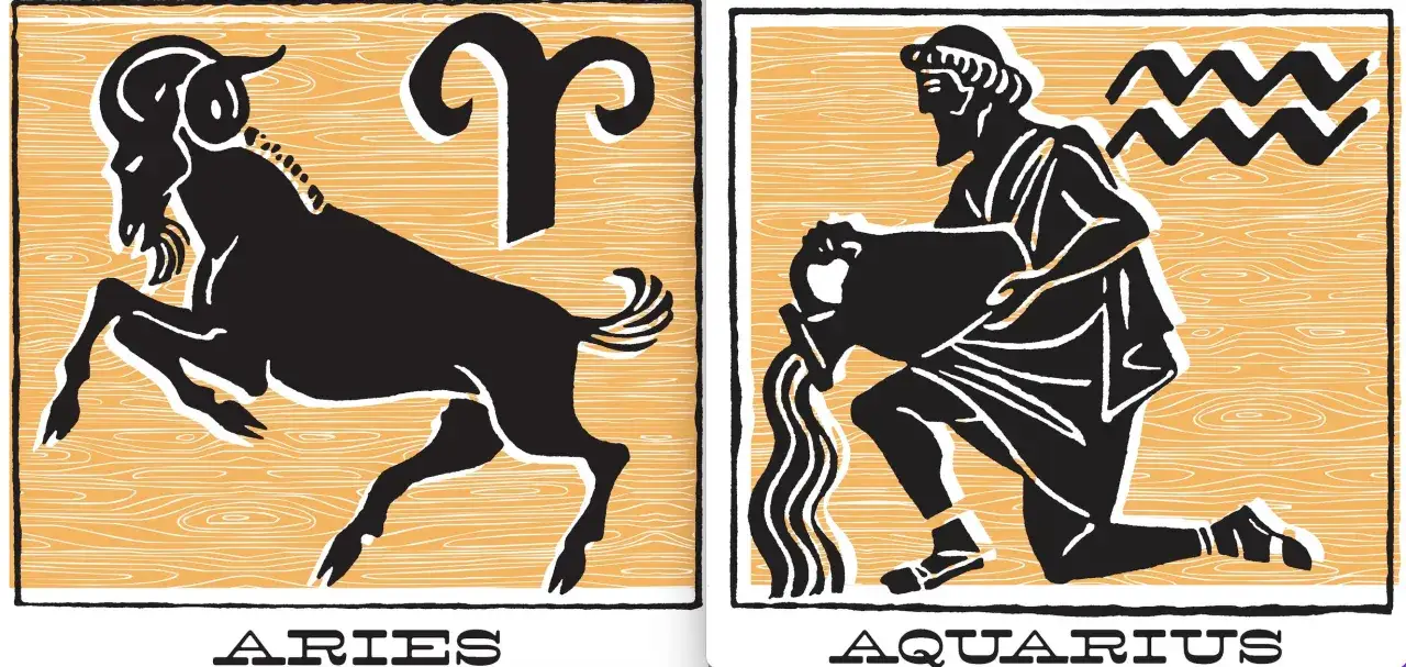 Baran i Wodnik, symbole zodiaku, w czarno-białej grafice na drewnianym tle. Ich przyjaźń symbolizuje harmonię przeciwieństw.