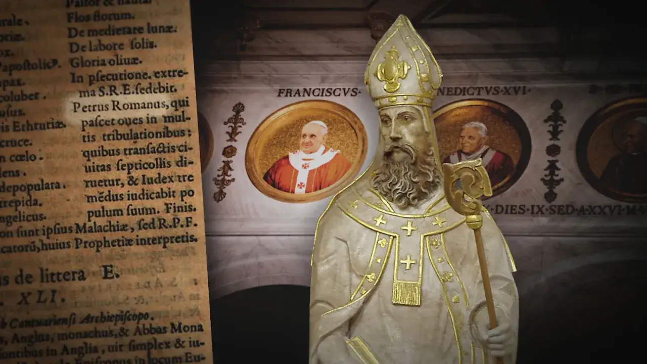 Kamienna figura papieża obok starożytnej księgi, na kt&oacute;rej widnieje fragment proroctwo malachiasza.