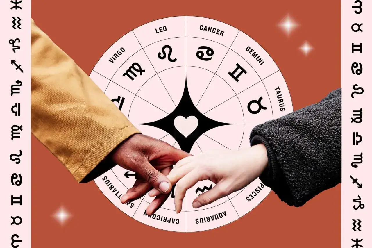 Dwie dłonie splatają się na tle koła zodiaku, symbolizując harmonijny rak i waga związek.