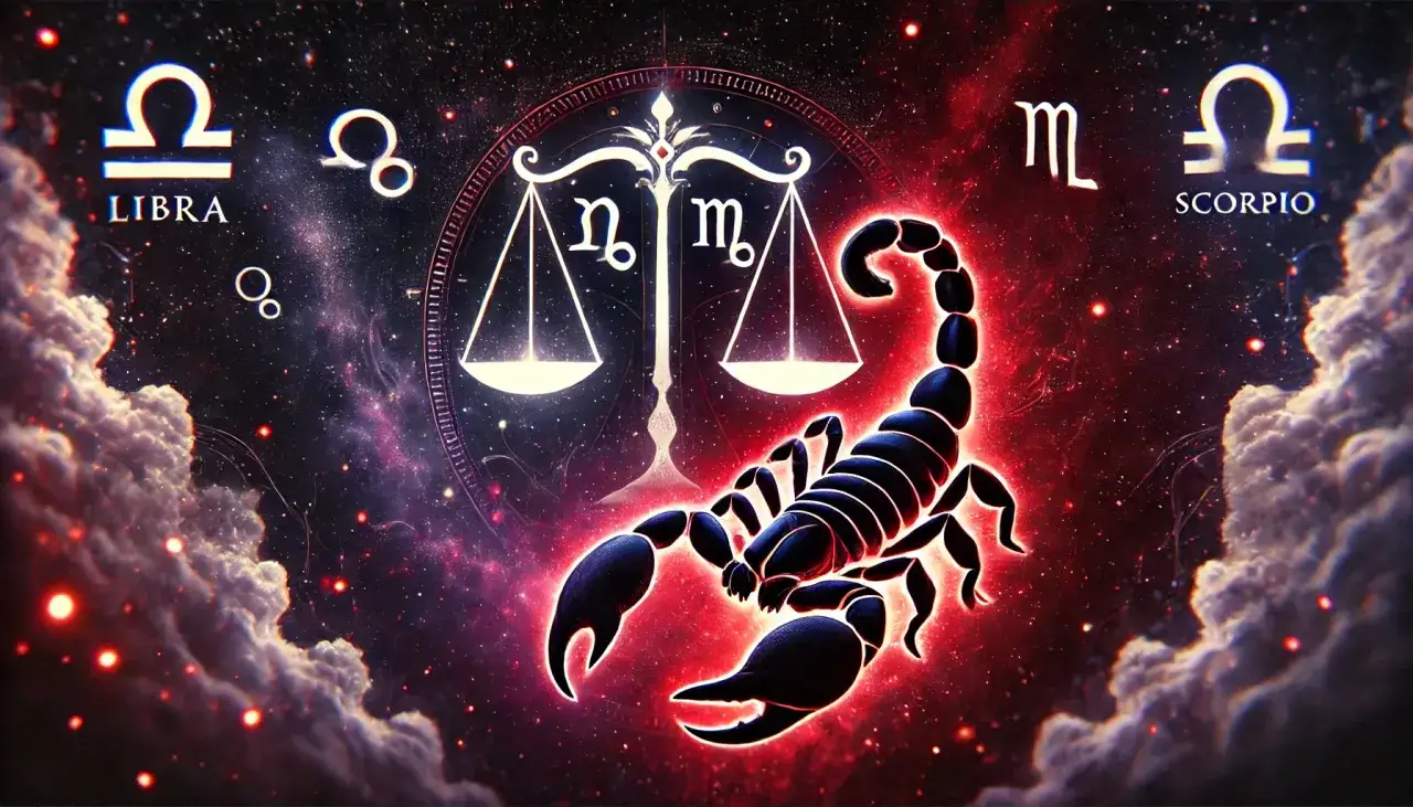 Skorpion, symbol 23.10 znak zodiaku, dominuje na tle kosmicznej mgławicy i symboli Wagi.