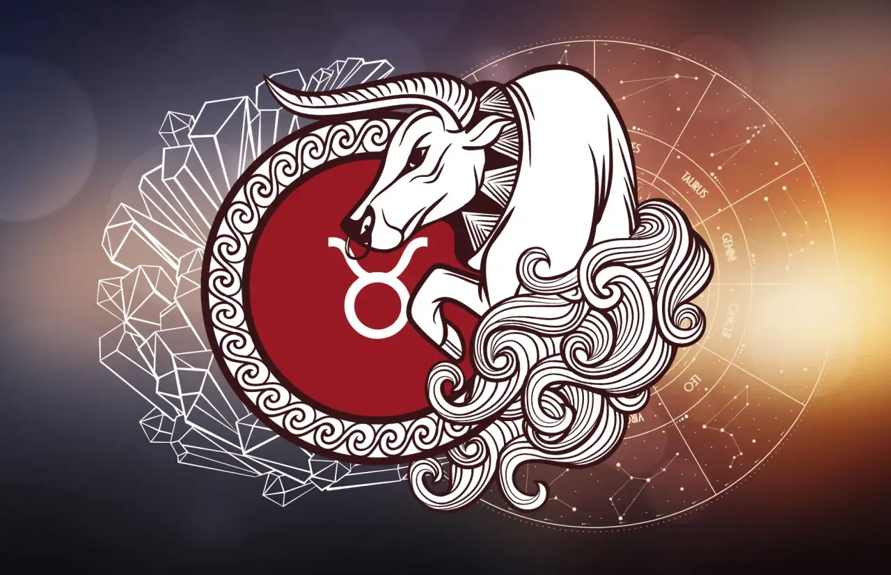 Symbol byka, znak zodiaku, z kryształami i kołem zodiaku.