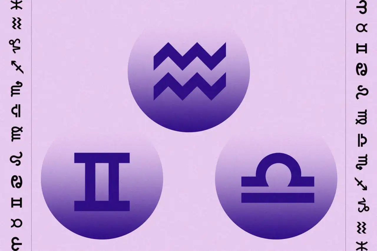 Trzy symbole zodiaku: Wodnik, Bliźnięta i Waga. Wokół nich widnieją znaki powietrzne.