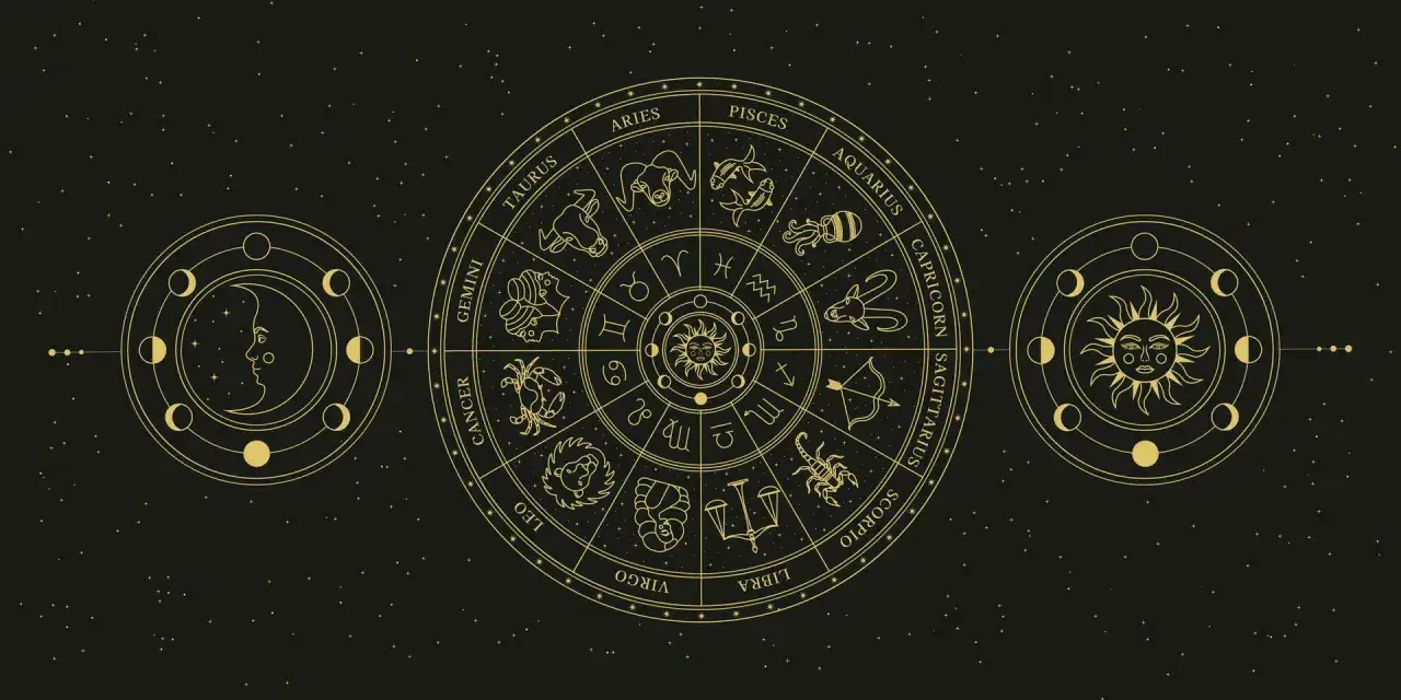 Złoty zodiak z symbolami i fazami księżyca. Po koziorożcu w zodiaku widać Strzelca i Skorpiona.