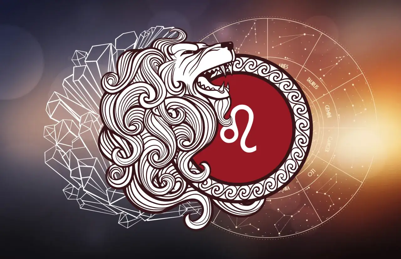 Lew, jaki żywioł? Symbol zodiaku Lew na tle kryształów i gwiazdozbiorów.