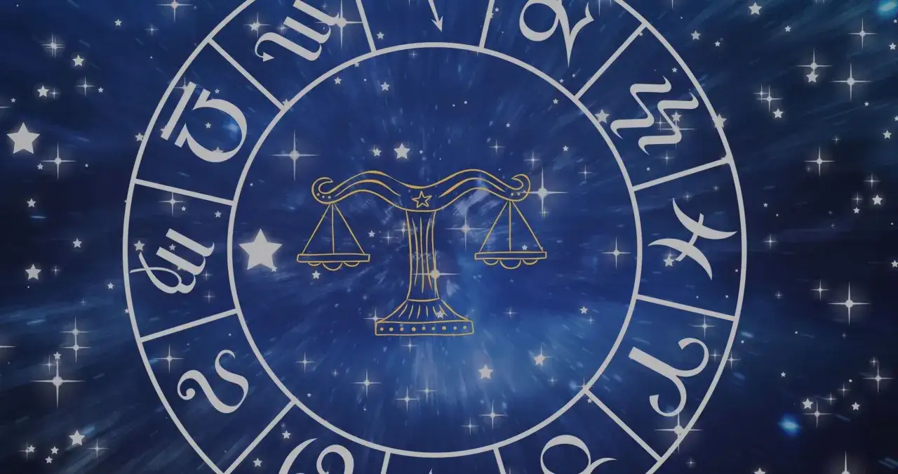 Znak zodiaku Waga od 23 września do 22 października. Symbol wagi na tle gwieździstego nieba.