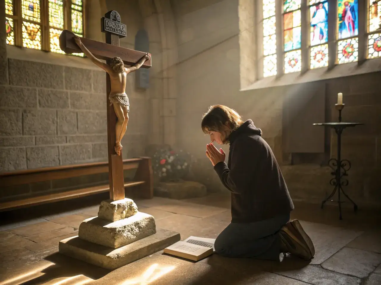 Kobieta klęczy przed krzyżem, składając dłonie w geście modlitwy o dobrą spowiedź. Promienie słońca oświetlają wnętrze kościoła.