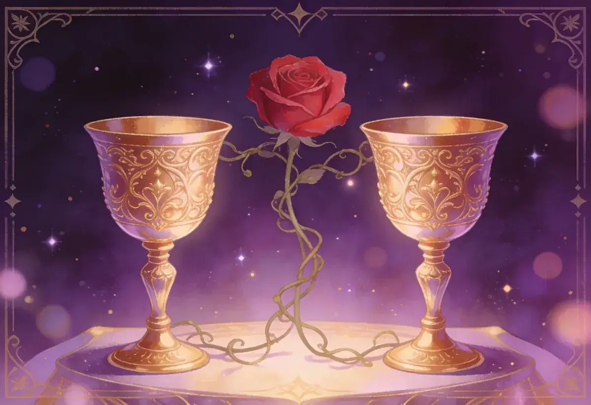 Dwa złote kielichy tarot, połączone pnączem z czerwoną r&oacute;żą, symbolizują harmonię i miłość w magicznej scenerii.