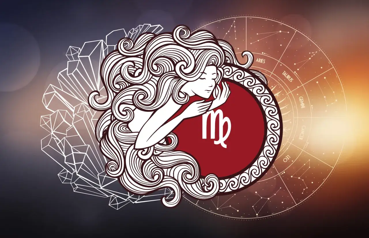 Panna jaki żywioł, symbol zodiaku otoczony kryształami i konstelacjami.