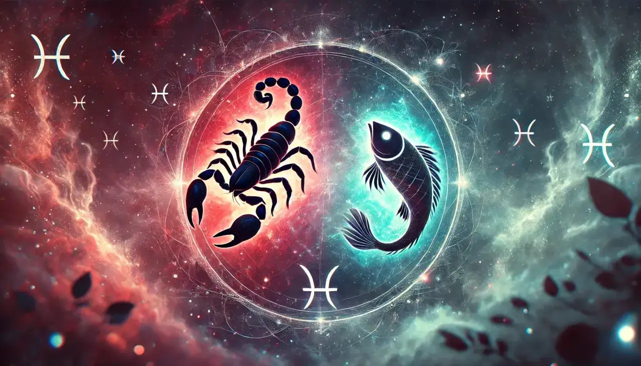 Skorpion i ryby w kosmicznym wirze symbolizują zodiakalne znaki.