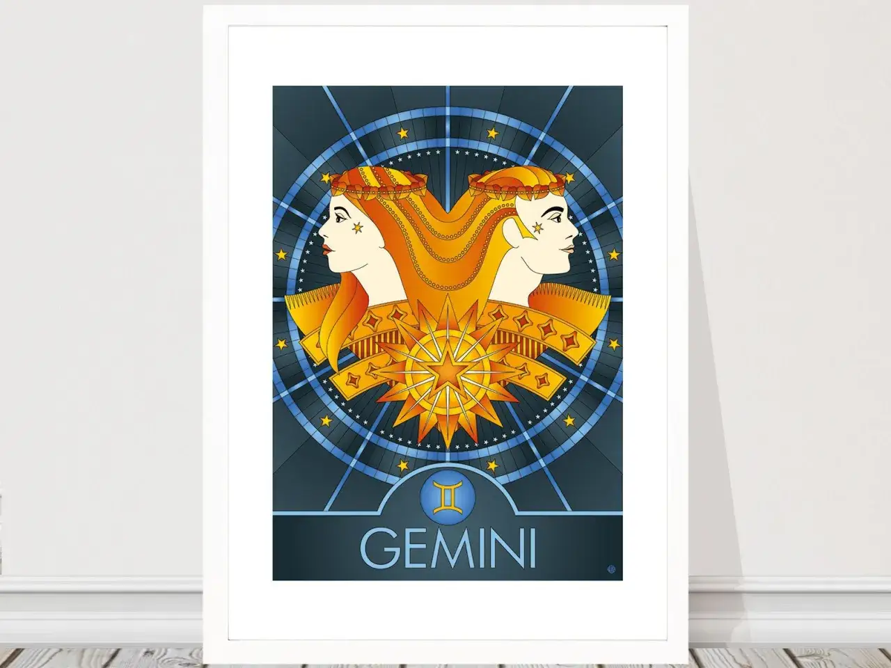 Dwa profile bliźniąt od 21 maja do 20 czerwca, otoczone gwiazdami i symbolem zodiaku.